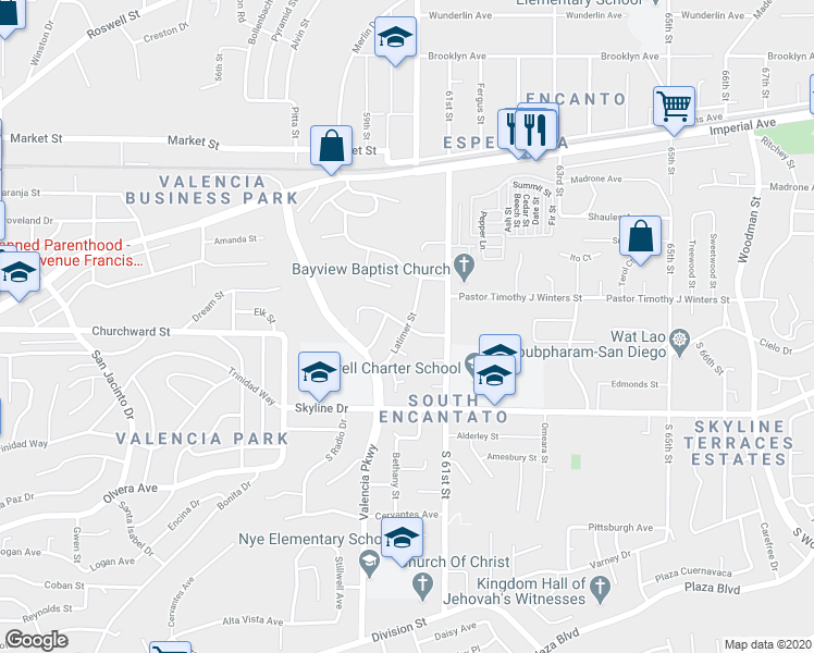 map of restaurants, bars, coffee shops, grocery stores, and more near Latimer St & Flipper Dr in San Diego