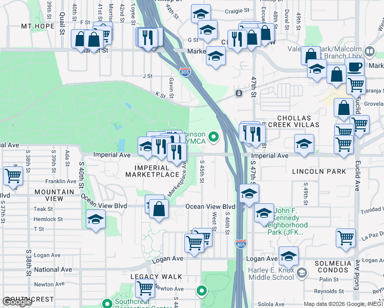 map of restaurants, bars, coffee shops, grocery stores, and more near Imperial Avenue in San Diego County