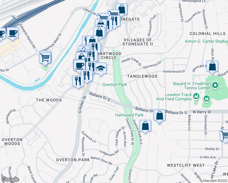 map of restaurants, bars, coffee shops, grocery stores, and more near 3106 Overton Park Drive West in Fort Worth