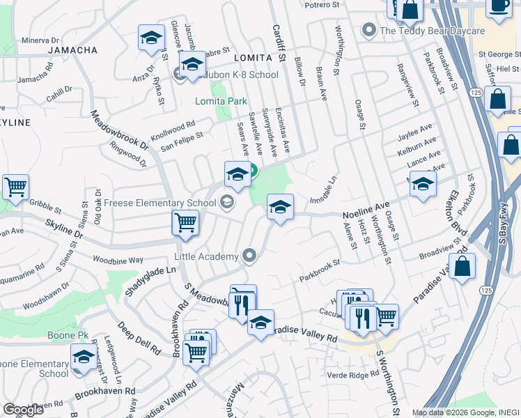 map of restaurants, bars, coffee shops, grocery stores, and more near 189 Royal Oak Drive in San Diego