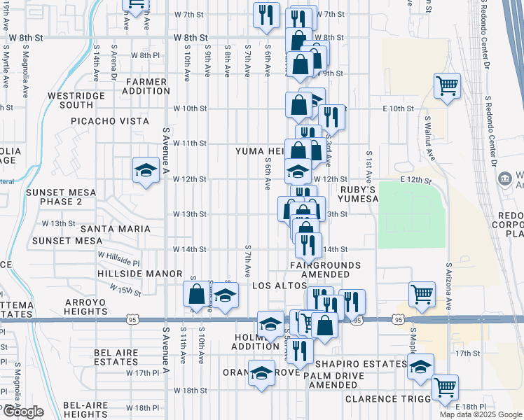 map of restaurants, bars, coffee shops, grocery stores, and more near 1255 South 6th Avenue in Yuma