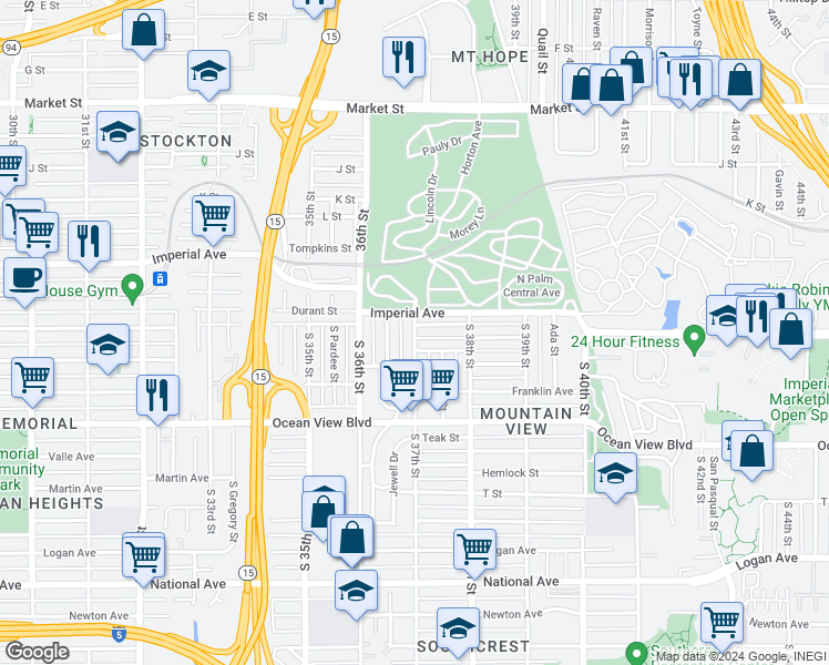 map of restaurants, bars, coffee shops, grocery stores, and more near 3726 Clinton Street in San Diego