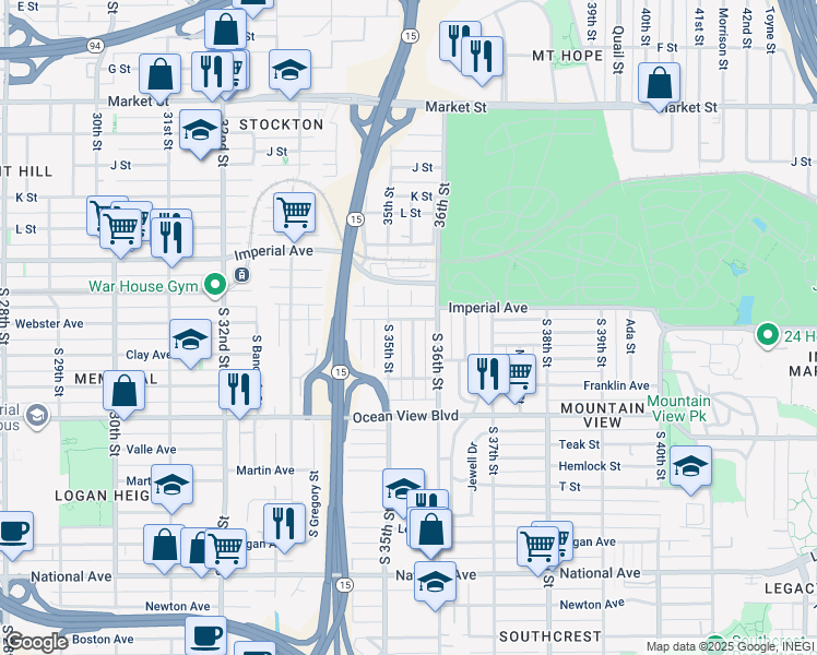 map of restaurants, bars, coffee shops, grocery stores, and more near 3518 Webster Avenue in San Diego