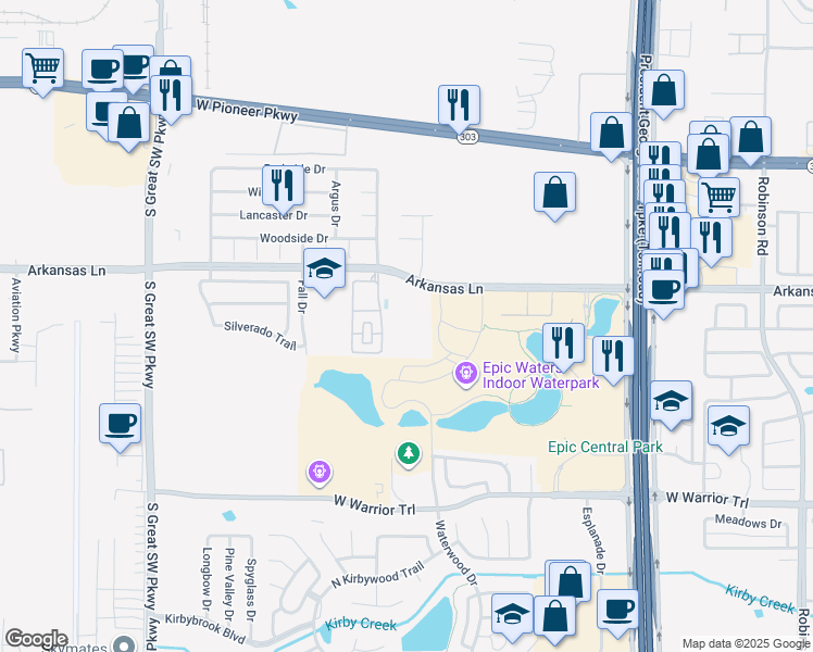 map of restaurants, bars, coffee shops, grocery stores, and more near 2155 Arkansas Lane in Grand Prairie