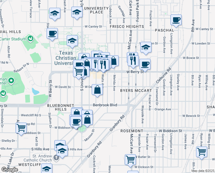 map of restaurants, bars, coffee shops, grocery stores, and more near 3140 Merida Avenue in Fort Worth