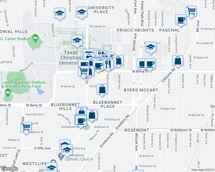 map of restaurants, bars, coffee shops, grocery stores, and more near 3140 Waits Avenue in Fort Worth