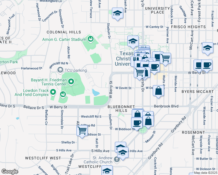 map of restaurants, bars, coffee shops, grocery stores, and more near 3133 Stadium Drive in Fort Worth