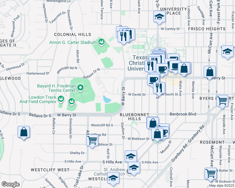 map of restaurants, bars, coffee shops, grocery stores, and more near 3428 Pond Drive in Fort Worth