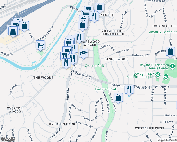 map of restaurants, bars, coffee shops, grocery stores, and more near 4312 Bellaire Drive South in Fort Worth