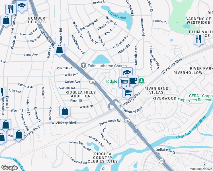 map of restaurants, bars, coffee shops, grocery stores, and more near 4900 Ridglea Hills Court in Fort Worth