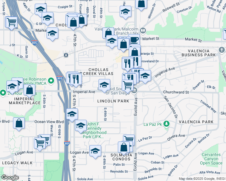 map of restaurants, bars, coffee shops, grocery stores, and more near Willie James Jones Avenue in San Diego