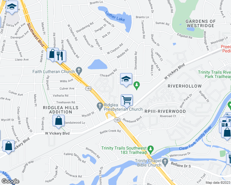 map of restaurants, bars, coffee shops, grocery stores, and more near 4620 Angus Drive in Fort Worth