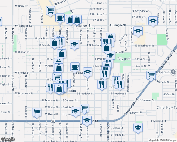 map of restaurants, bars, coffee shops, grocery stores, and more near 408 S Houston St in Hobbs