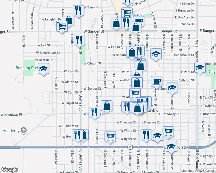 map of restaurants, bars, coffee shops, grocery stores, and more near 417 North Cochran Street in Hobbs