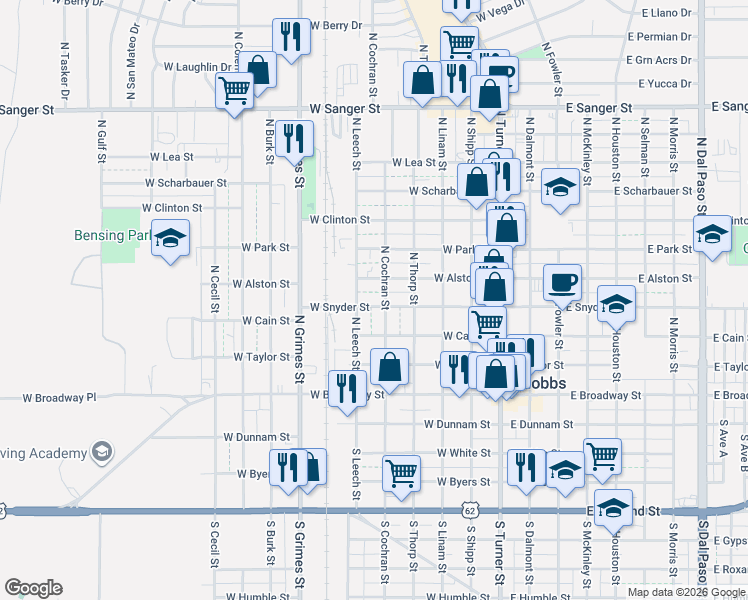 map of restaurants, bars, coffee shops, grocery stores, and more near 417 North Cochran Street in Hobbs