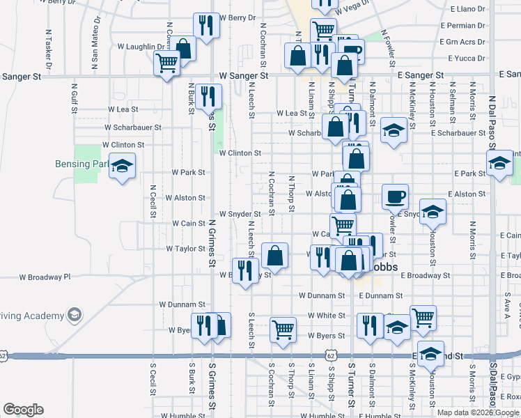 map of restaurants, bars, coffee shops, grocery stores, and more near 417 North Cochran Street in Hobbs