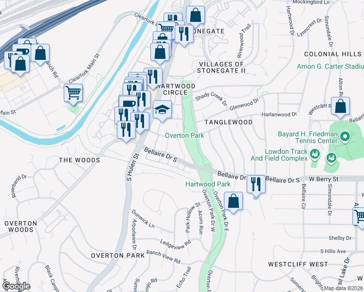 map of restaurants, bars, coffee shops, grocery stores, and more near 3104 Overton Park Drive West in Fort Worth