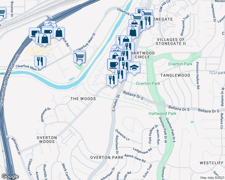 map of restaurants, bars, coffee shops, grocery stores, and more near 4541 Bellaire Drive South in Fort Worth