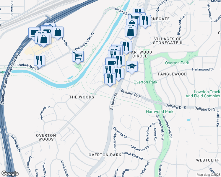 map of restaurants, bars, coffee shops, grocery stores, and more near 4541 Bellaire Drive South in Fort Worth