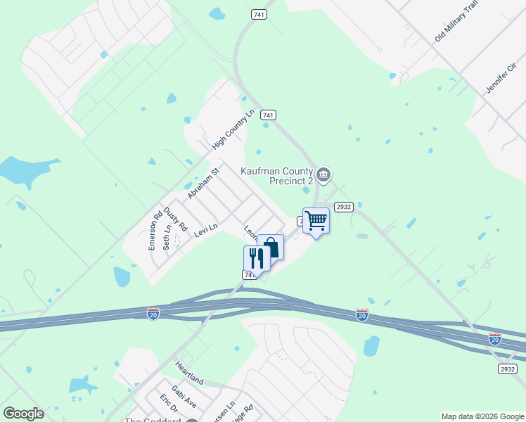 map of restaurants, bars, coffee shops, grocery stores, and more near 1275 Ophelia Road in Forney