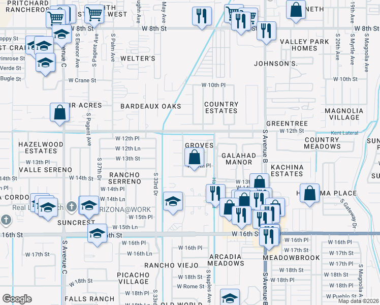 map of restaurants, bars, coffee shops, grocery stores, and more near 2998 West 12th Lane in Yuma