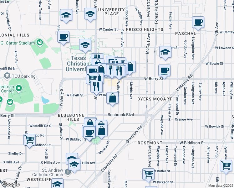 map of restaurants, bars, coffee shops, grocery stores, and more near 3152 Waits Avenue in Fort Worth