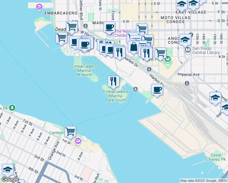 map of restaurants, bars, coffee shops, grocery stores, and more near 200 Marina Park Way in San Diego