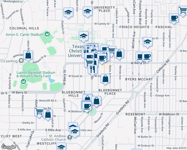 map of restaurants, bars, coffee shops, grocery stores, and more near in Fort Worth