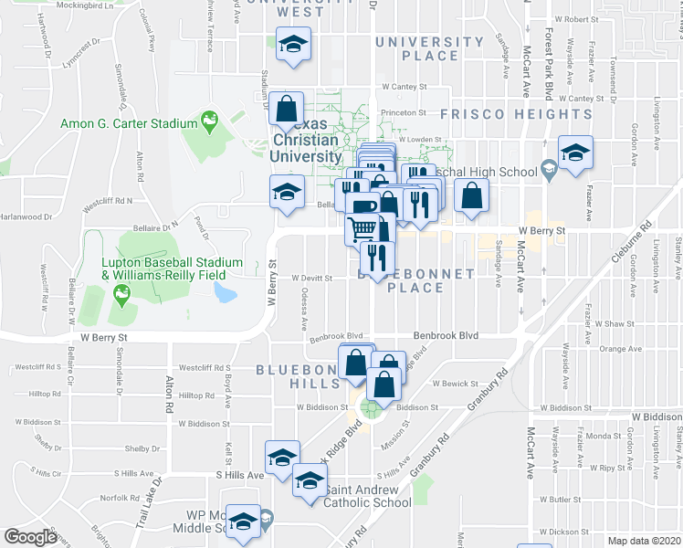 map of restaurants, bars, coffee shops, grocery stores, and more near 3144 Rogers Avenue in Fort Worth