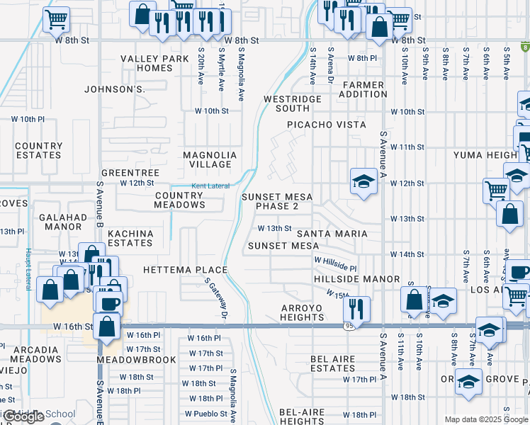 map of restaurants, bars, coffee shops, grocery stores, and more near 1654 West Santa Maria Way in Yuma