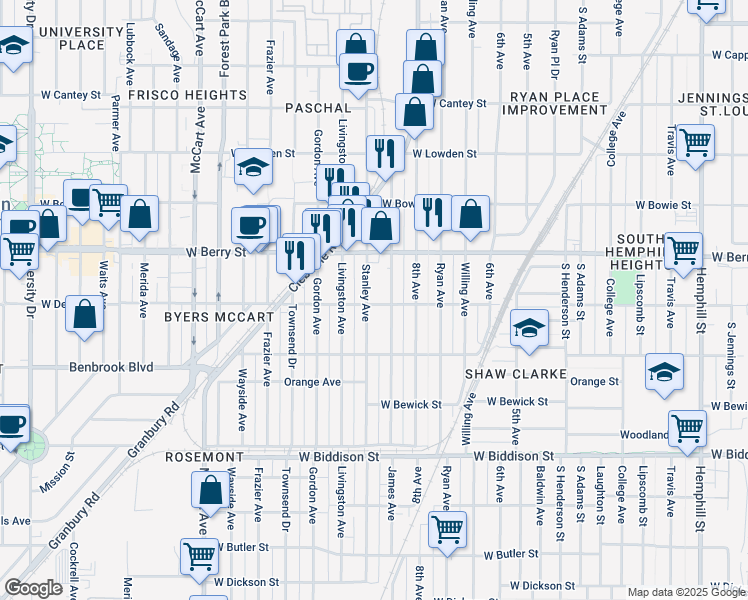 map of restaurants, bars, coffee shops, grocery stores, and more near 3145 Stanley Avenue in Fort Worth