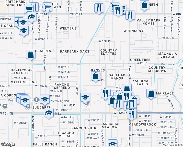 map of restaurants, bars, coffee shops, grocery stores, and more near 2998 West 12th Lane in Yuma