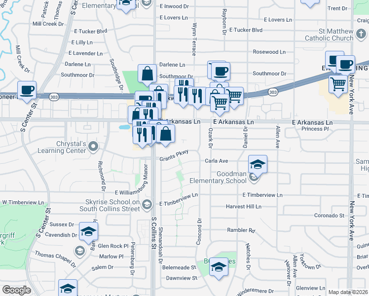 map of restaurants, bars, coffee shops, grocery stores, and more near 1007 Grants Parkway in Arlington