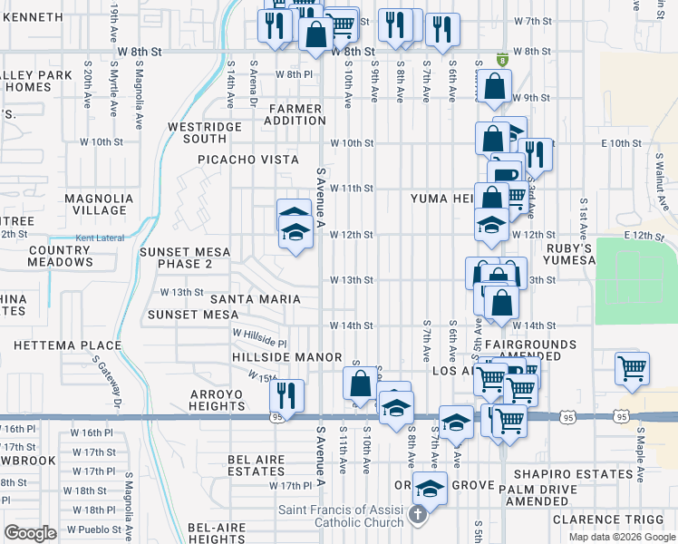 map of restaurants, bars, coffee shops, grocery stores, and more near 1230 South 11th Avenue in Yuma