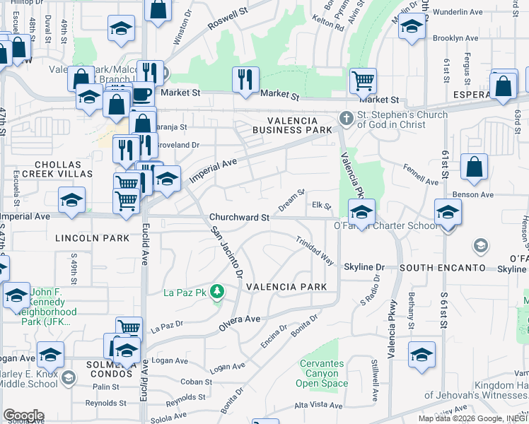 map of restaurants, bars, coffee shops, grocery stores, and more near 5428 Churchward Street in San Diego