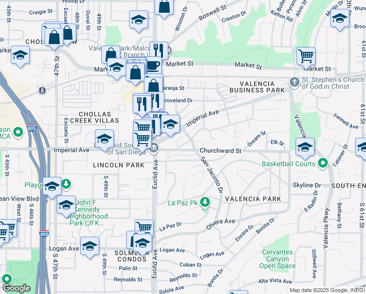 map of restaurants, bars, coffee shops, grocery stores, and more near 5236 Santa Margarita Street in San Diego