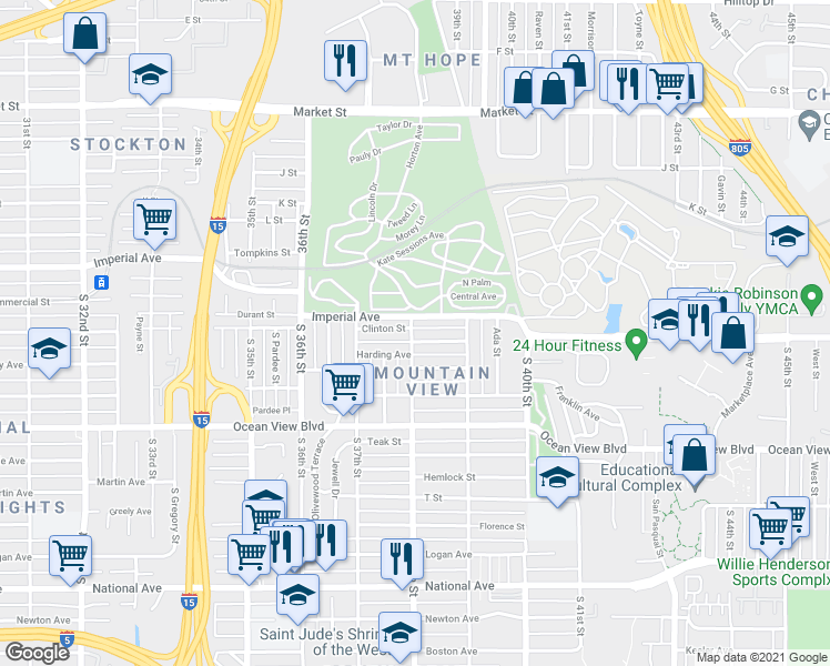 map of restaurants, bars, coffee shops, grocery stores, and more near 225a South 38th Street in San Diego