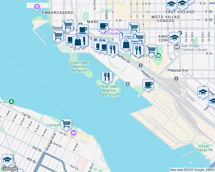 map of restaurants, bars, coffee shops, grocery stores, and more near 200 Marina Park Way in San Diego