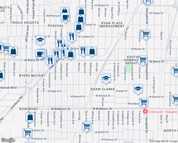 map of restaurants, bars, coffee shops, grocery stores, and more near 3137 Ryan Avenue in Fort Worth