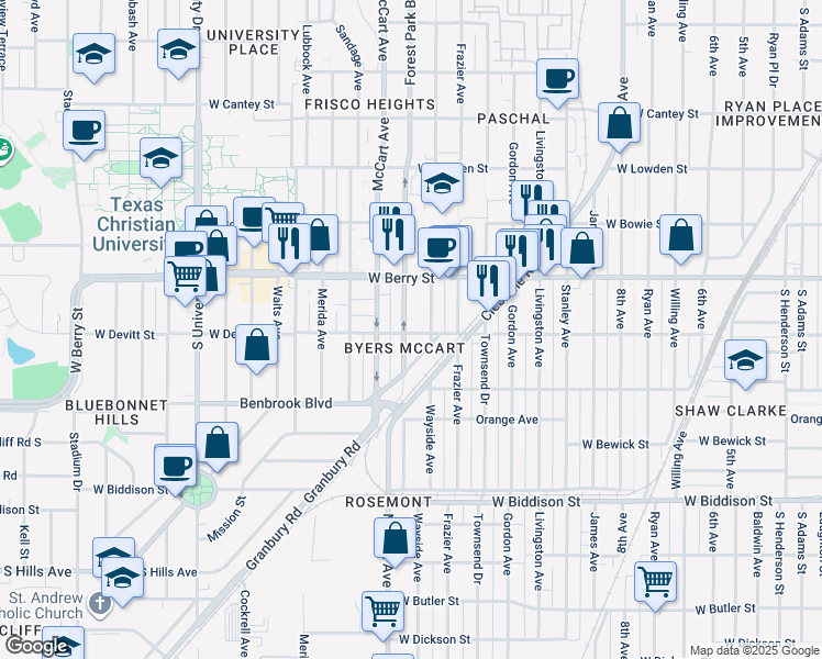 map of restaurants, bars, coffee shops, grocery stores, and more near 3140 Wayside Avenue in Fort Worth