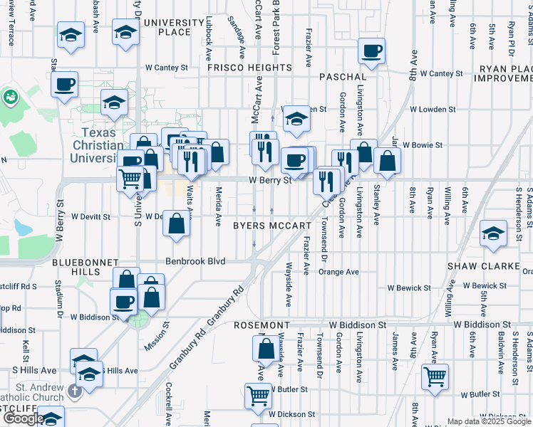 map of restaurants, bars, coffee shops, grocery stores, and more near 3141 McCart Avenue in Fort Worth