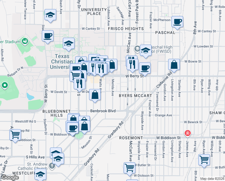 map of restaurants, bars, coffee shops, grocery stores, and more near 3140 Merida Avenue in Fort Worth