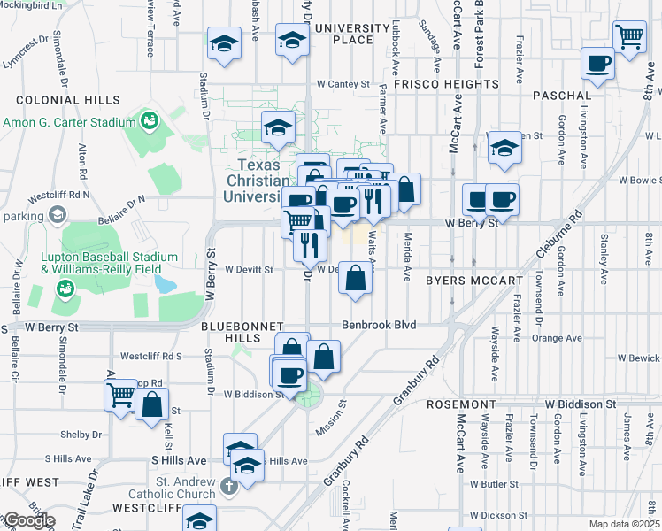 map of restaurants, bars, coffee shops, grocery stores, and more near 3141 Cockrell Avenue in Fort Worth