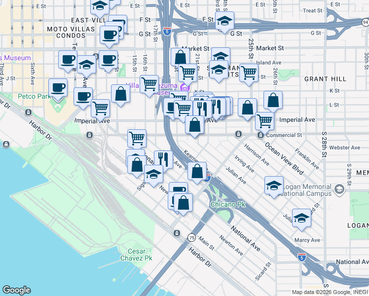 map of restaurants, bars, coffee shops, grocery stores, and more near 1736 Kearney Avenue in San Diego