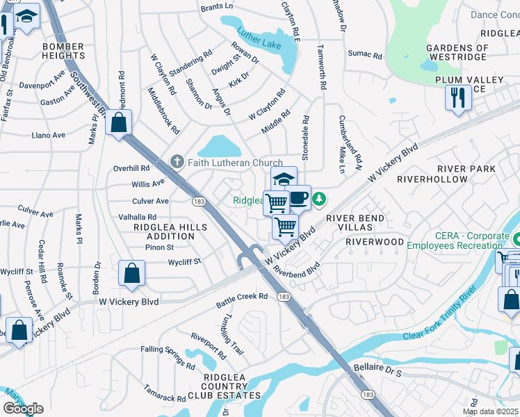 map of restaurants, bars, coffee shops, grocery stores, and more near 4616 Angus Drive in Fort Worth