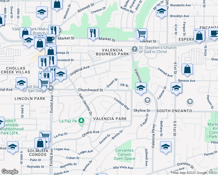 map of restaurants, bars, coffee shops, grocery stores, and more near 5530 Churchward Street in San Diego