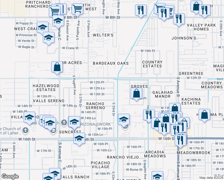 map of restaurants, bars, coffee shops, grocery stores, and more near 3365 West 12th Lane in Yuma