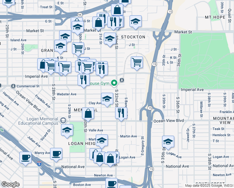 map of restaurants, bars, coffee shops, grocery stores, and more near Webster Avenue in San Diego