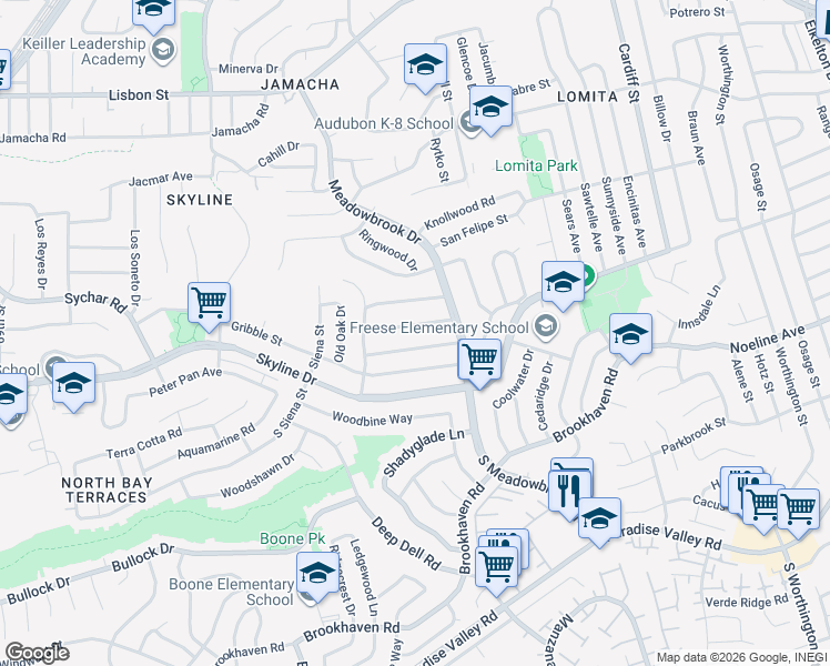 map of restaurants, bars, coffee shops, grocery stores, and more near 7829 Hunthaven Road in San Diego