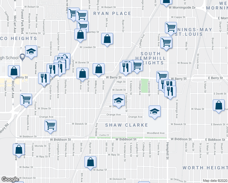 map of restaurants, bars, coffee shops, grocery stores, and more near 1241 West Devitt Street in Fort Worth